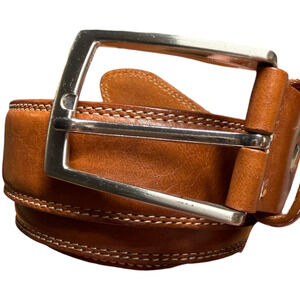 BRONZINO Brown Leather Belt Men's 34/85 Silver Buckle White Stitching Italy